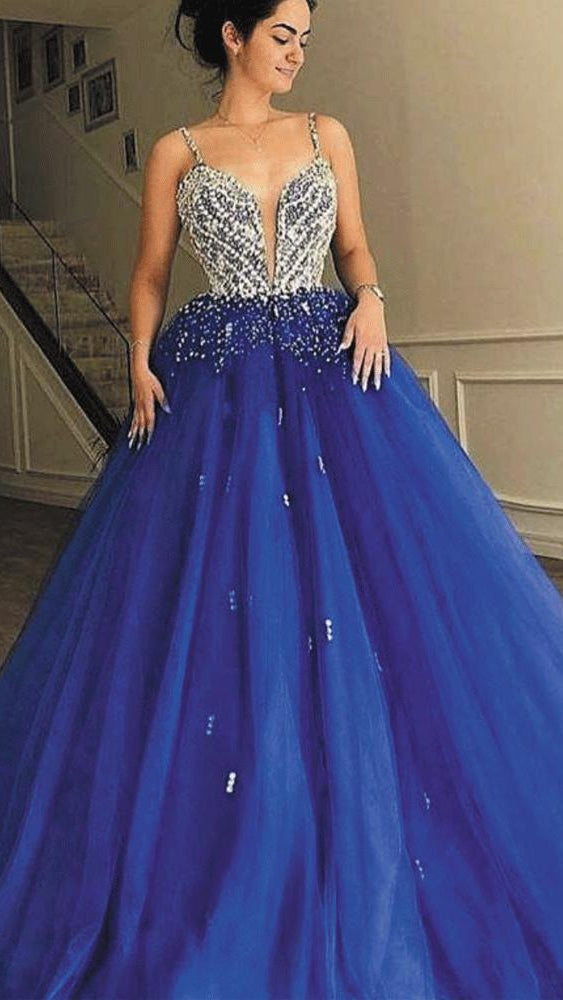 V-neck Rhinestone Beaded Top Long A-line Royal Blue Tulle Prom Dresses Berryera V-neck Rhinestone Beaded Top Long A-line Royal Blue Tulle Prom Dresses Berryera