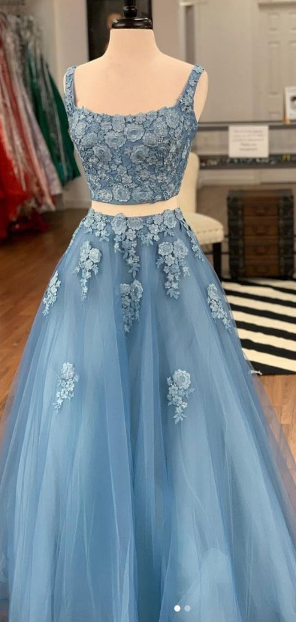 Two Pieces Lace Newest Prom Dresses, Appliques Fashion Evening Party Prom Dresses