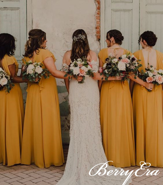 Short Sleeves A-line Ginger Yellow Chiffon Slit Bridesmaid Dresses