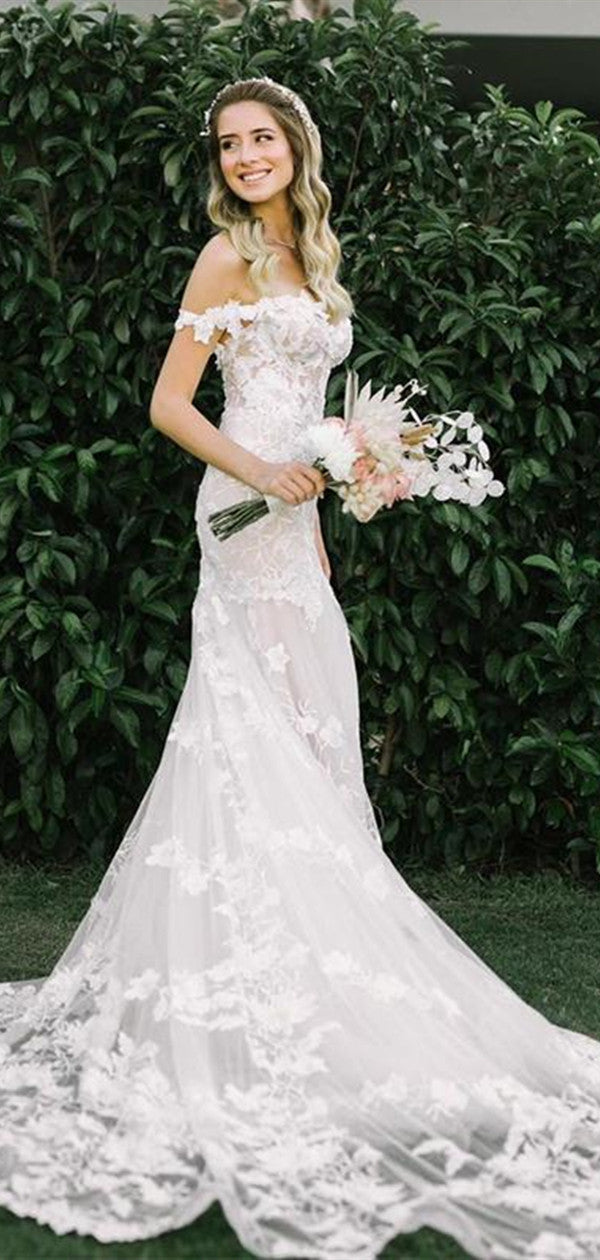 Off Shoulder Elegant Lace Popular Wedding Dresses, Quality Outdoor Lace Wedding Dresses