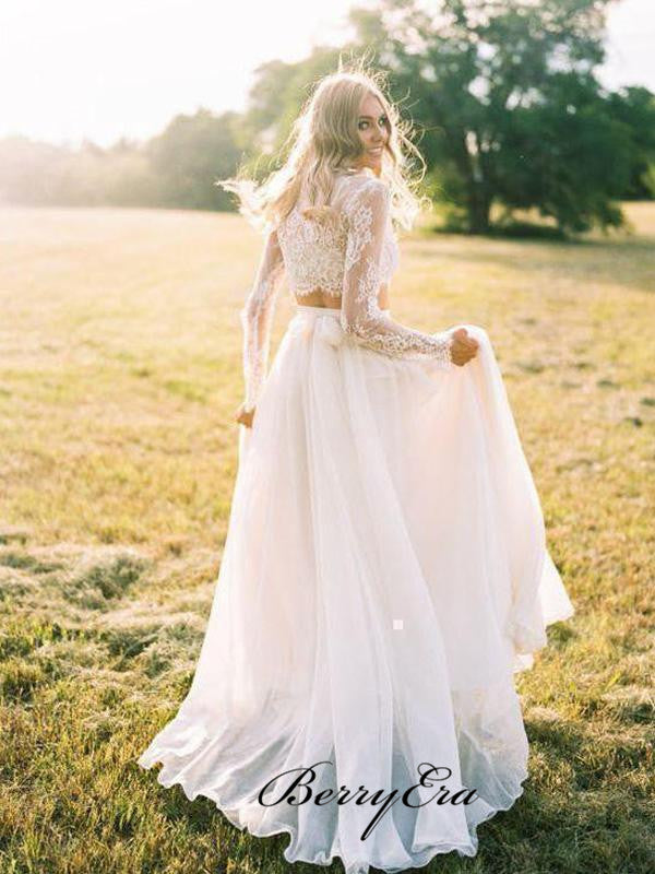 Two Pieces Lace Wedding Dresses, Long Sleeves Lace Wedding Dresses