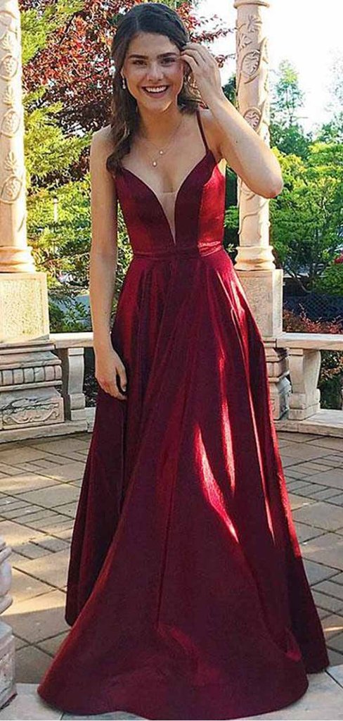 Straps Long A-line Dark Red Taffeta Prom Dresses