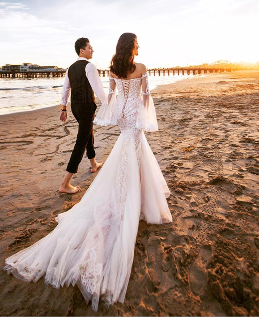 Long Sleeves Lace Off Shoulder Wedding Dresses, Mermaid Lace Beach Wedding Dresses