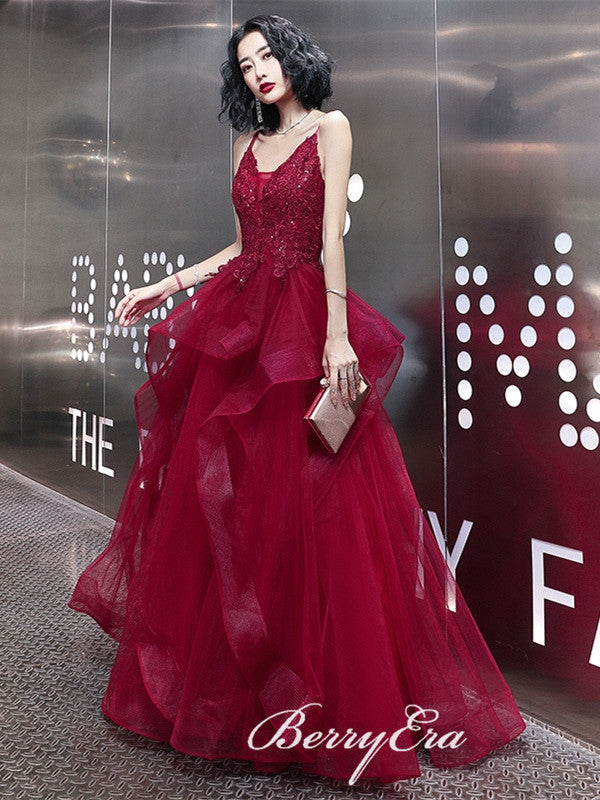 Spaghetti Long A-line Red Lace Beaded Prom Dresses, Lovely Long Prom Dresses, Prom Dresses