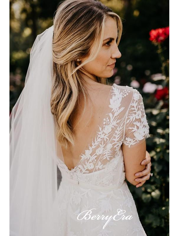Cap Sleeves Popular Lace Wedding Dresses, Elegant Long Wedding Dresses