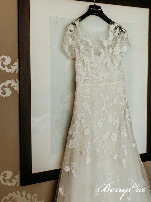 Cap Sleeves Popular Lace Wedding Dresses, Elegant Long Wedding Dresses