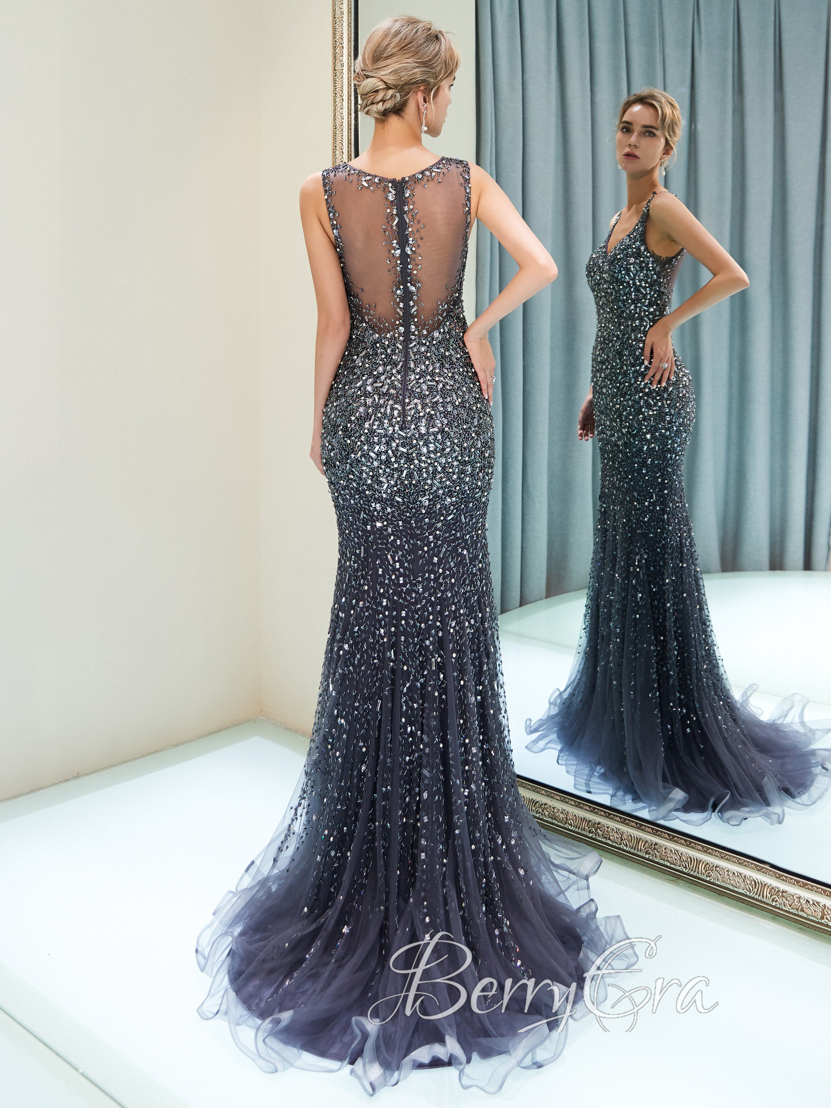 Straps V-neck Rhinestone Beaded Mermaid Prom Dresses, Formal Dresses, Evening Dresses, 2023 Prom Dresses, Luxury Prom Gown