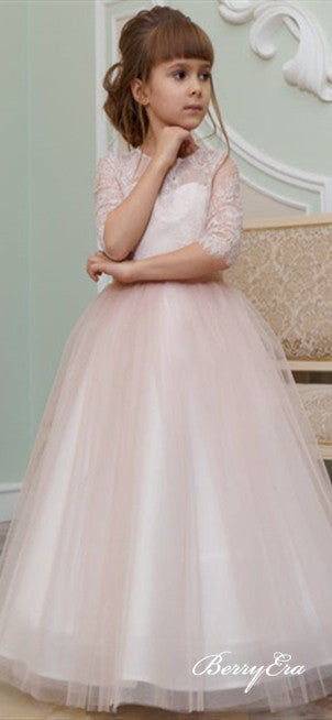 Half Sleeves Princess Blush Pink Lace Tulle Flower Girl Dresses