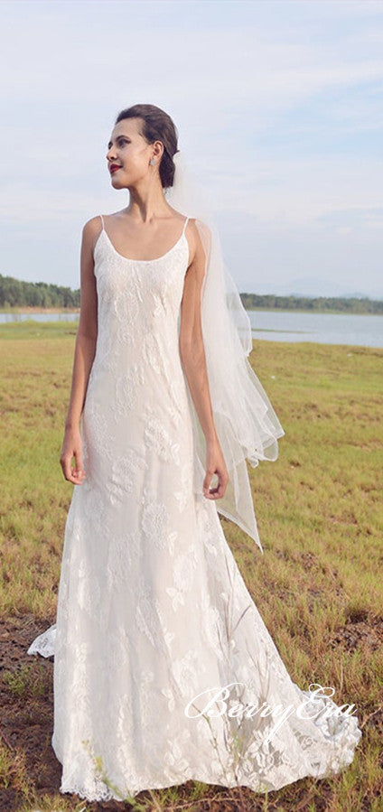 Spaghetti Sheath Lace Tulle Wedding Dresses, Bridal Gown