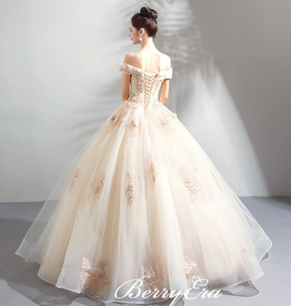 Off Shoulder Long A-line Lace Tulle Champagne Wedding Dresses