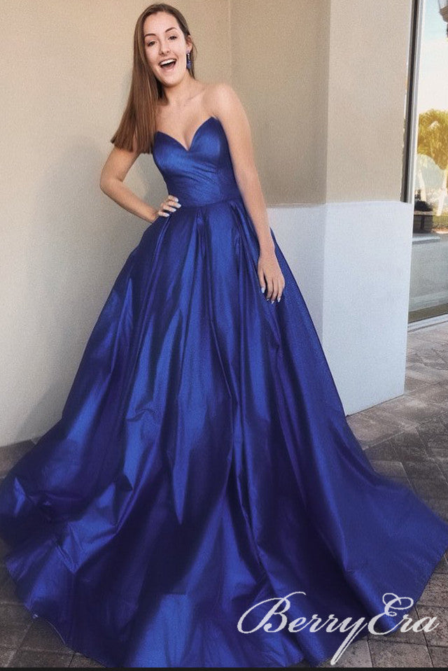 Sweetheart Long A-line Royal Blue Satin Prom Dresses, A-line Simple Prom Dresses