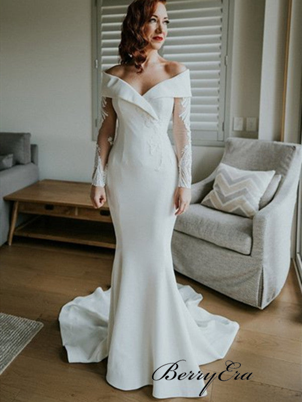 Off The Shoulder Mermaid Wedding Dresses, Long Sleeves Lace Wedding Dresses