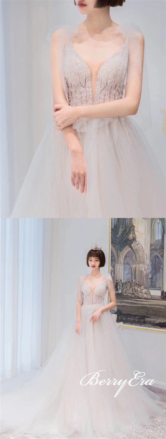 Gorgeous Beaded Tulle Long Wedding Dresses, Bridal Gown