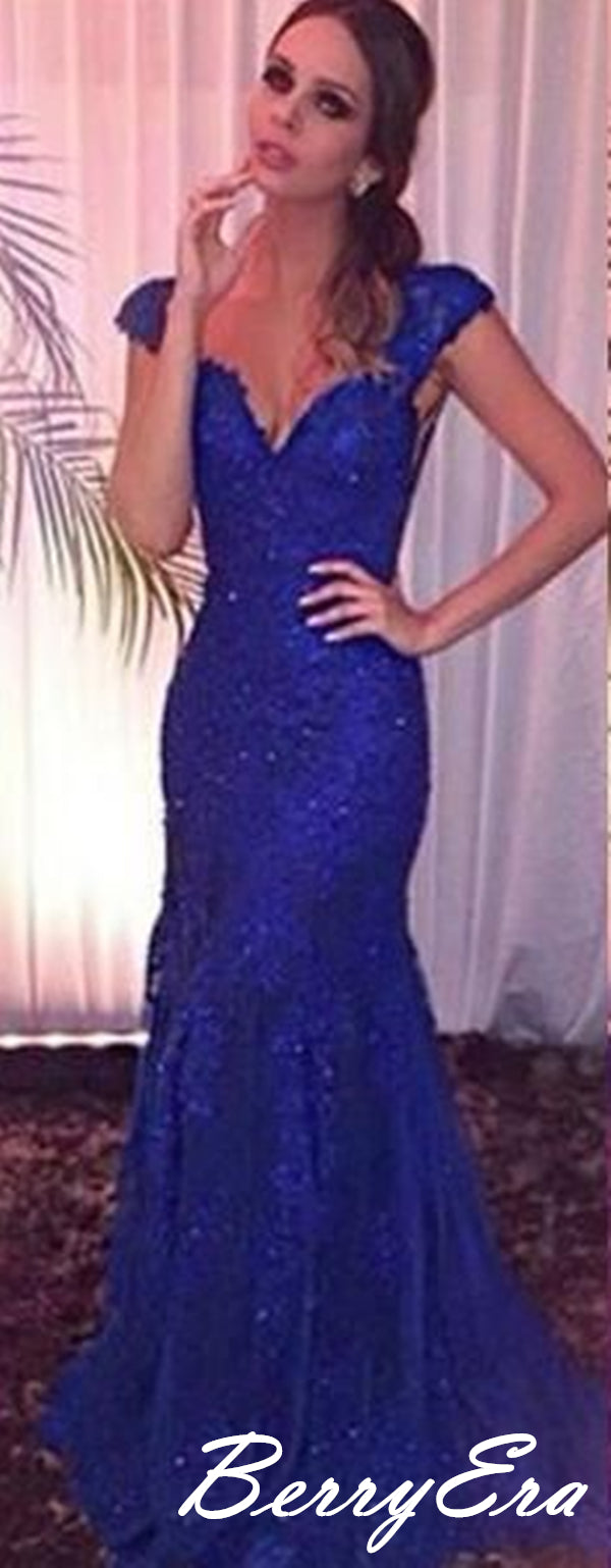 Lace Royal Blue Mermaid Long Prom Dresses, Open Back Sexy Prom Dresses