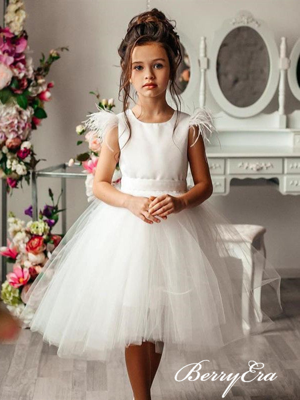 Lovely Ivory Satin Tulle Flower Girl Dresses With Bow Knot
