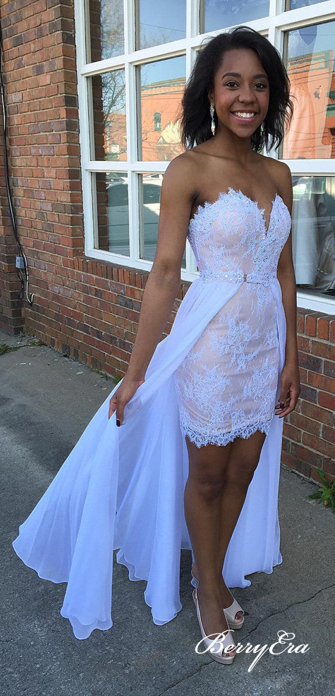 2 Pieces White Lace Chiffon Homecoming Dresses, Prom Dresses