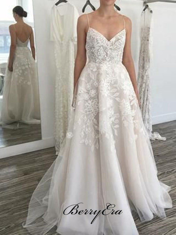 Spaghetti Straps A-line Wedding Dresses, Popular Lace Wedding Dresses