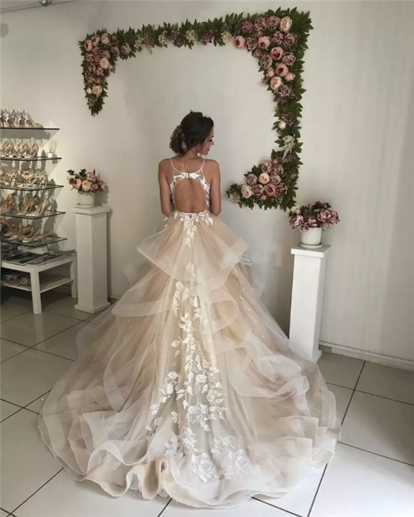 Spaghetti Long A-line Lace Tulle Wedding Dresses, Bridal Gown