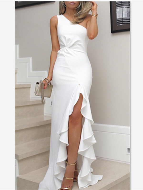 One Shoulder Slit Long Prom Dress, White Prom Dress 2019
