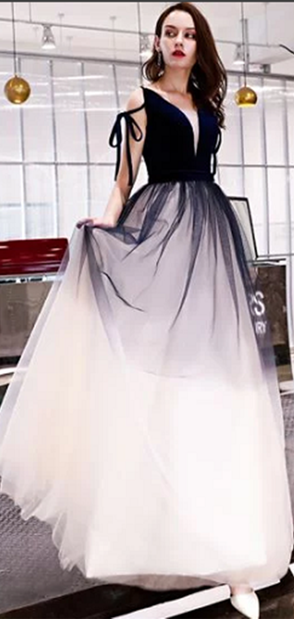 Black&White A-line Long Prom Dress, Tulle Long Evening Party Dress 2019