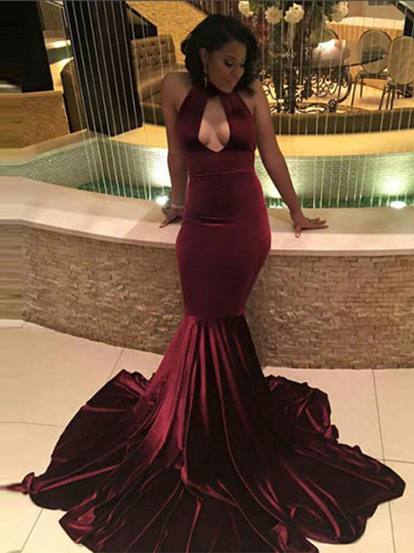 Burgundy Mermaid Long Velvet Prom Dress, Sexy Prom Dress 2019