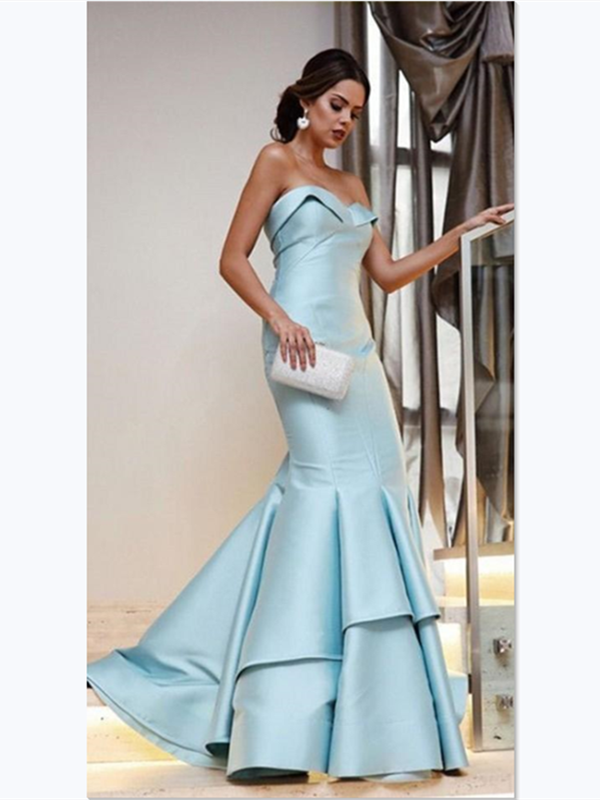 2019 Light Blue Mermaid Satin Prom Dress, Custom Design Long Prom Dress