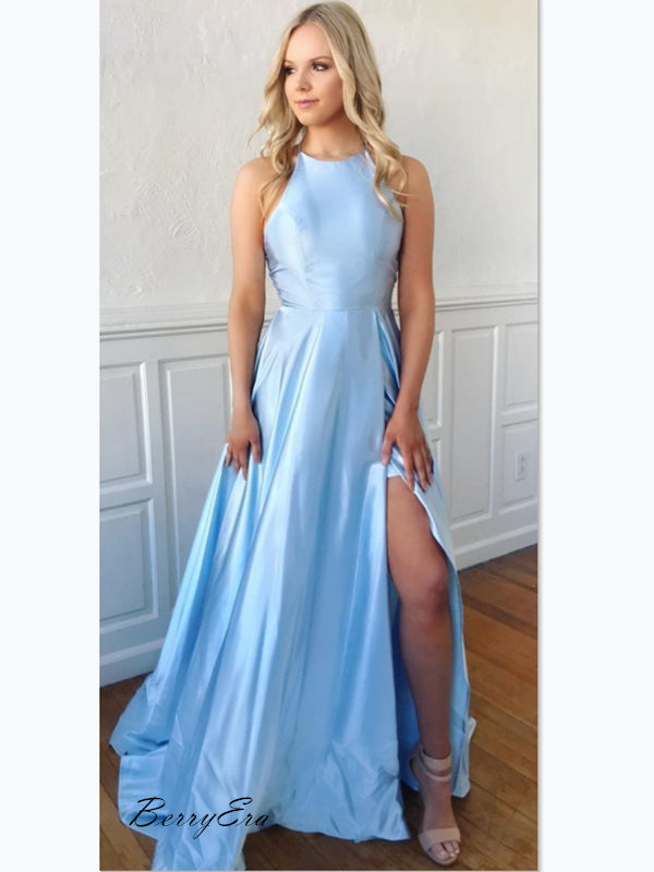 Cheap Sky Light Blue A-Line Long Prom Dresses, Simple Design Prom Dresses