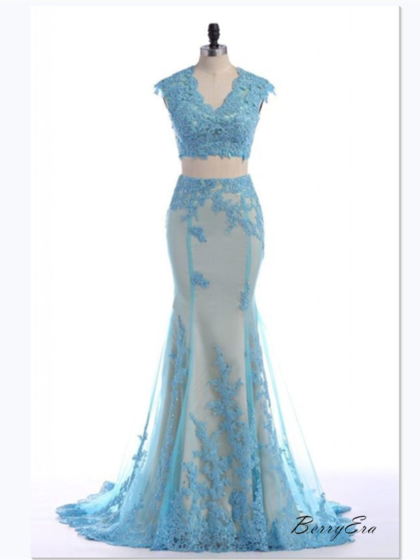 2019 Newest 2 Pieces Light Blue Lace Long Mermaid Prom Dresses