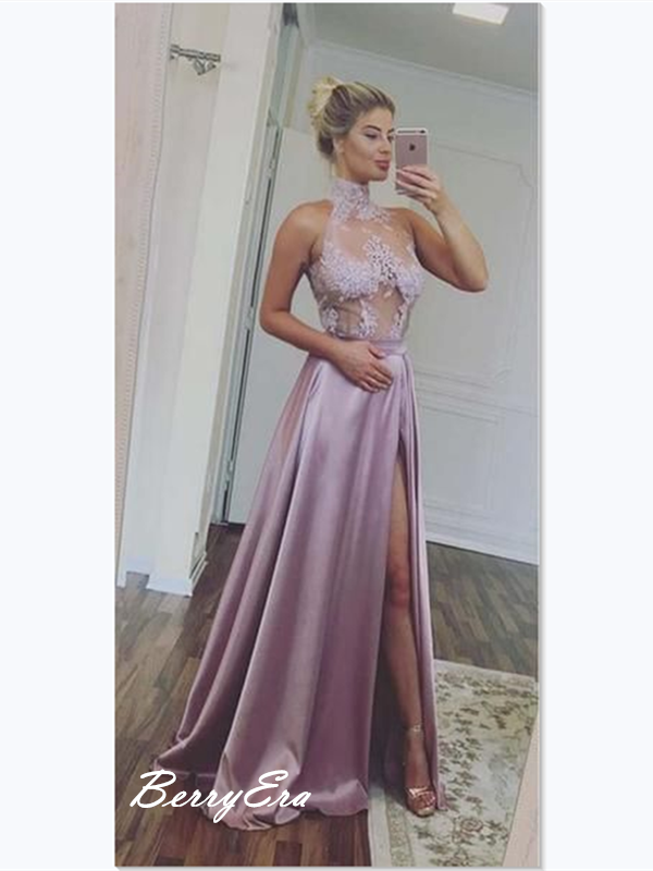 High Neck Purple Slit A-line Prom Dresses, Sexy Lace Prom Dresses