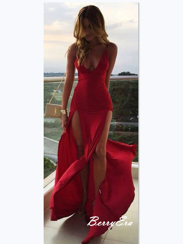 Fantastic Red Color Sexy Long Prom Dresses, V-neck Prom Dresses