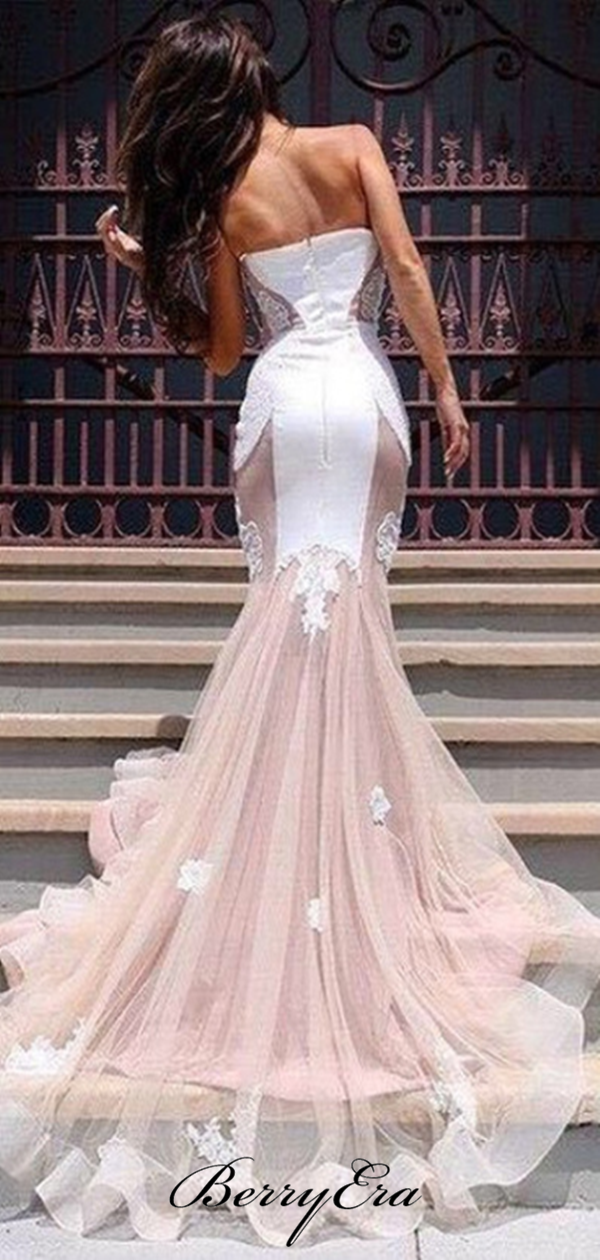 Mermaid Strapless Lace Prom Dresses, Elegant Long Prom Dresses