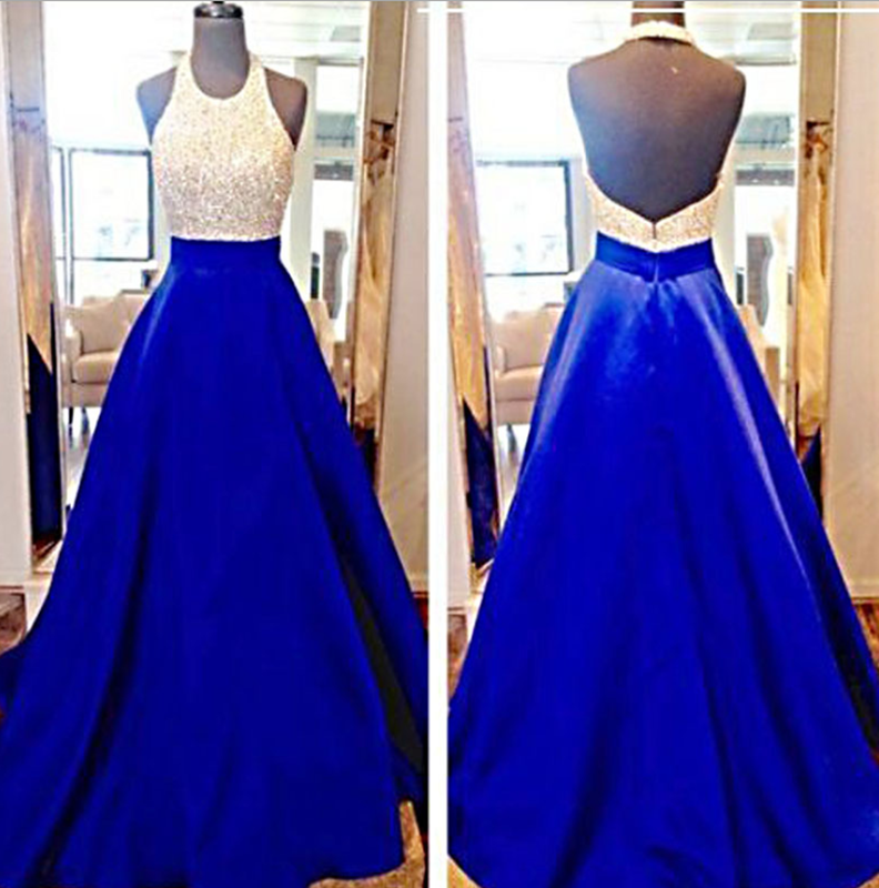 Stain A-line Halter Long Prom Dresses, Beaded Beauty Prom Dresses