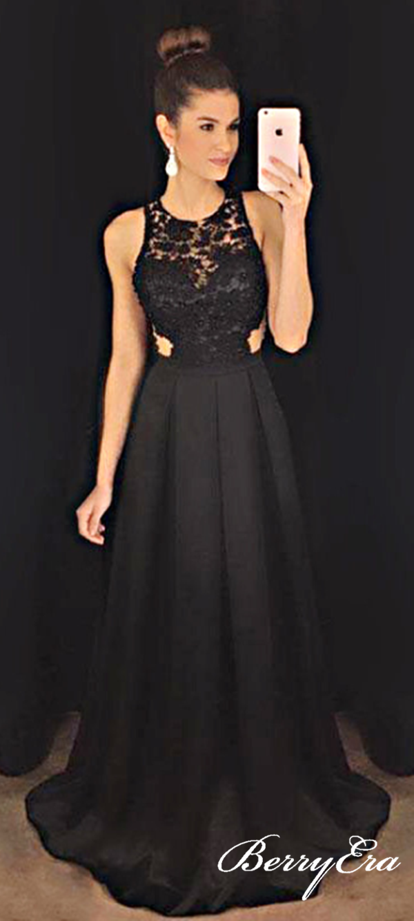 Sweetheart Black Lace Prom Dresses, Stain Long Party Prom Dresses