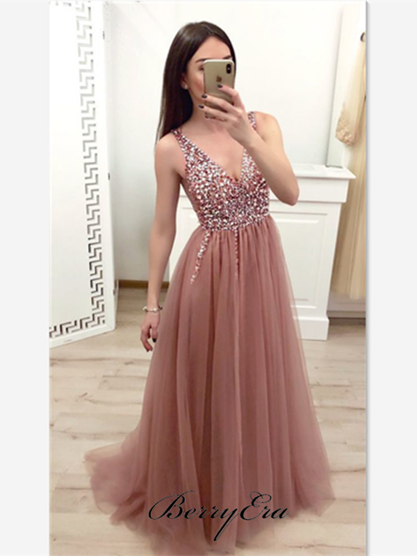 Tulle Beaded Long A-line Prom Dresses, School Party Prom Dresses