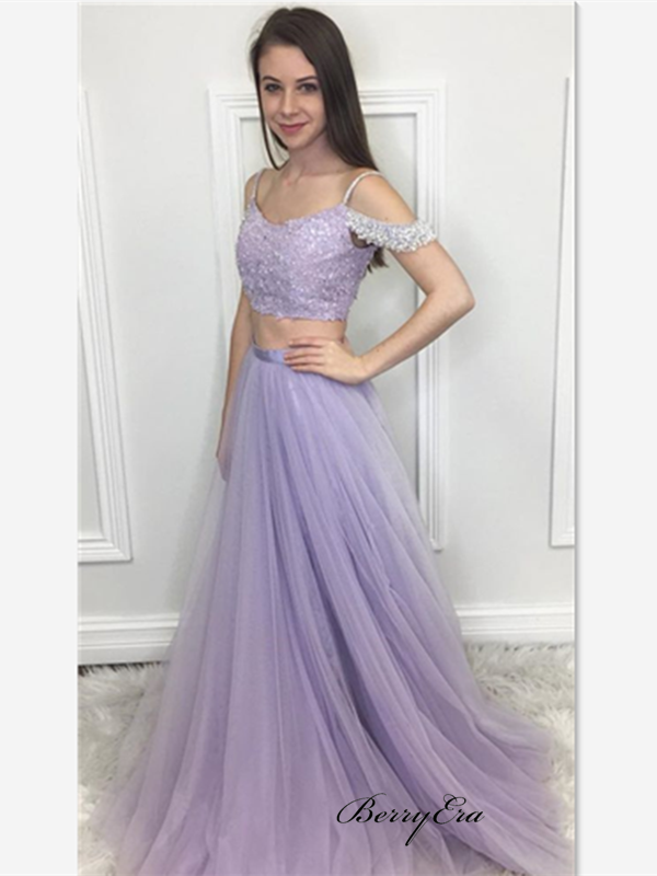 A-line Tulle Prom Dresses, Light Purple Prom Dresses, Off Shoulder Beaded Prom Dresses