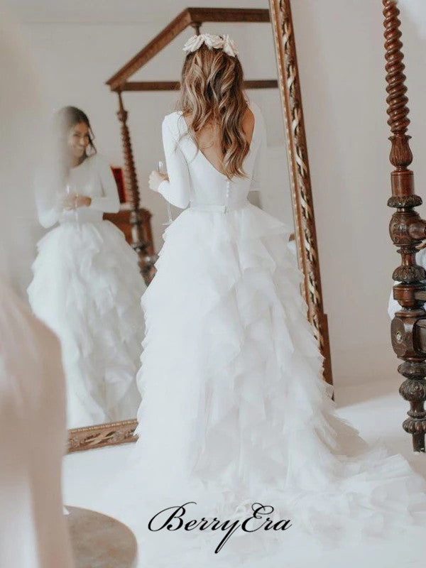 Elegant Long Sleeves Wedding Dresses, Unique Fluffy Wedding Dresses