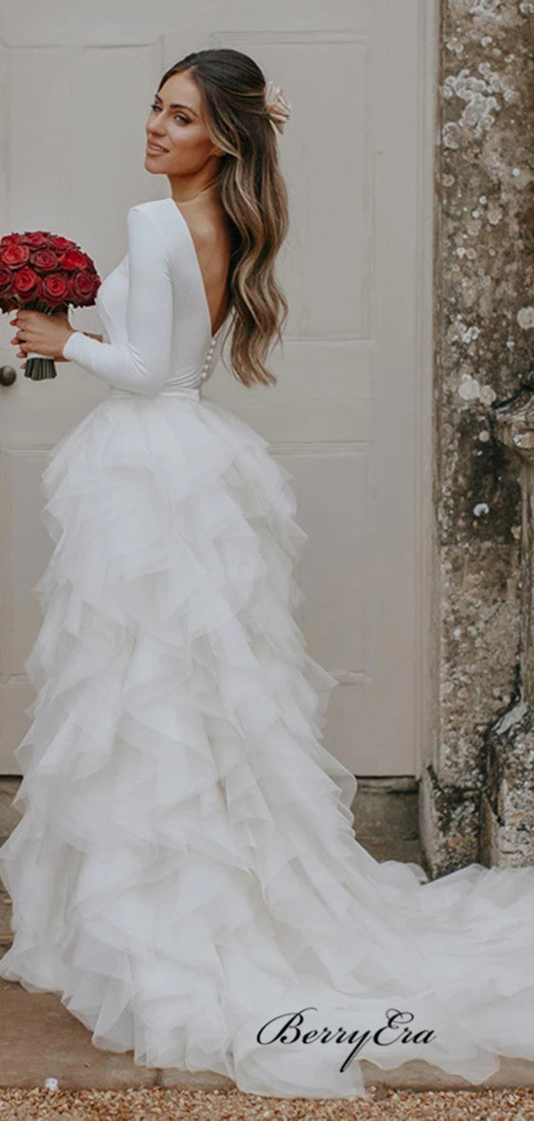 Elegant Long Sleeves Wedding Dresses, Unique Fluffy Wedding Dresses