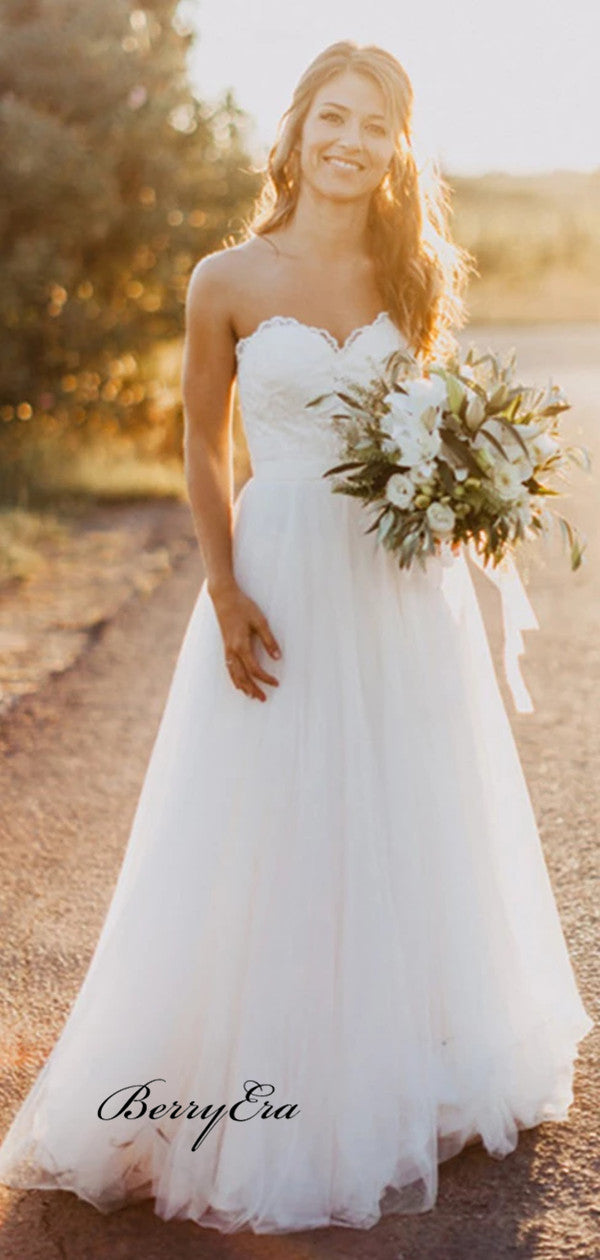 Strapless Sweetheart Wedding Dresses, Lace A-line Wedding Dresses