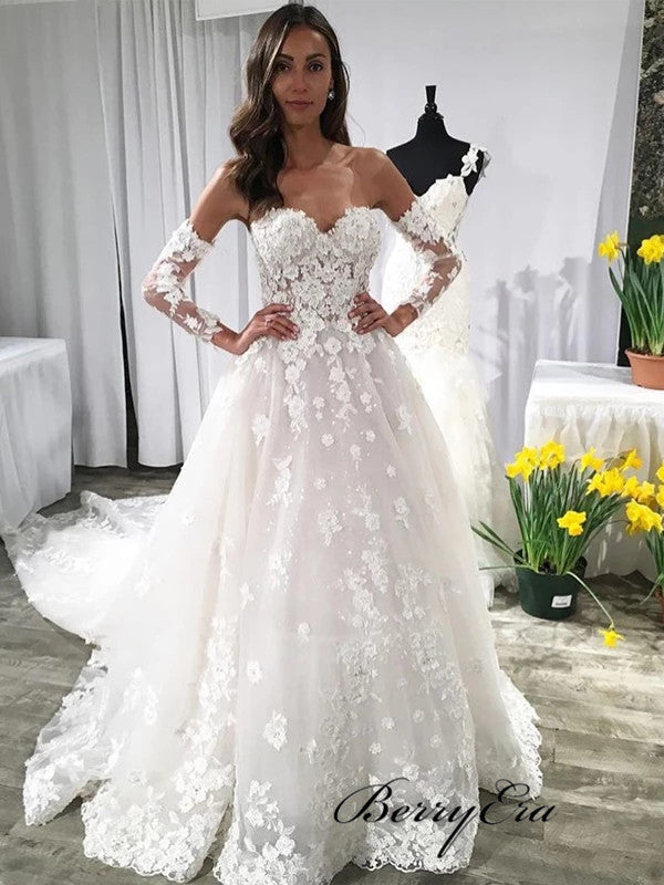 Sweetheart Long Sleeves Wedding Dresses, Lace A-line Wedding Dresses