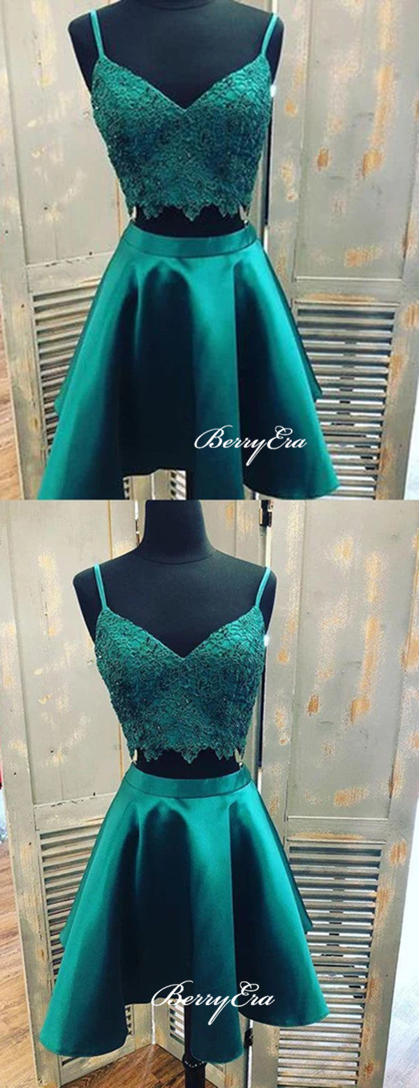 Two Pieces Homecoming Dresses, Dark Green Short Prom Dresses