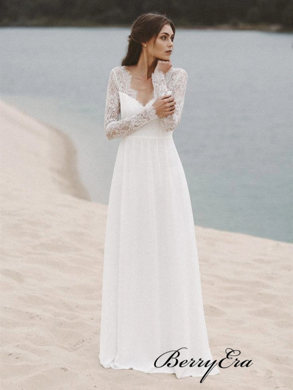 Popular Long Sleeves Wedding Dresses, Lace Beach Wedding Dresses