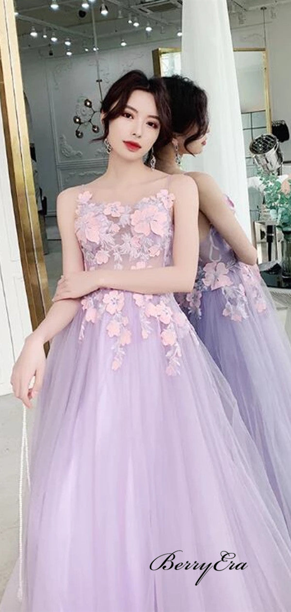 Open Back A-line Tulle Prom Dresses, Long Elegant Appliques Prom Dresses