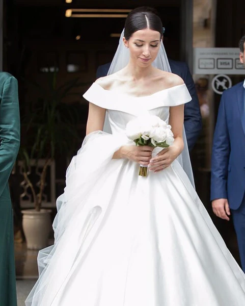 Off Shuolder Long A-line Ivory Satin Wedding Dresses, Long Bridal Gown, Elegant Wedding Dresses