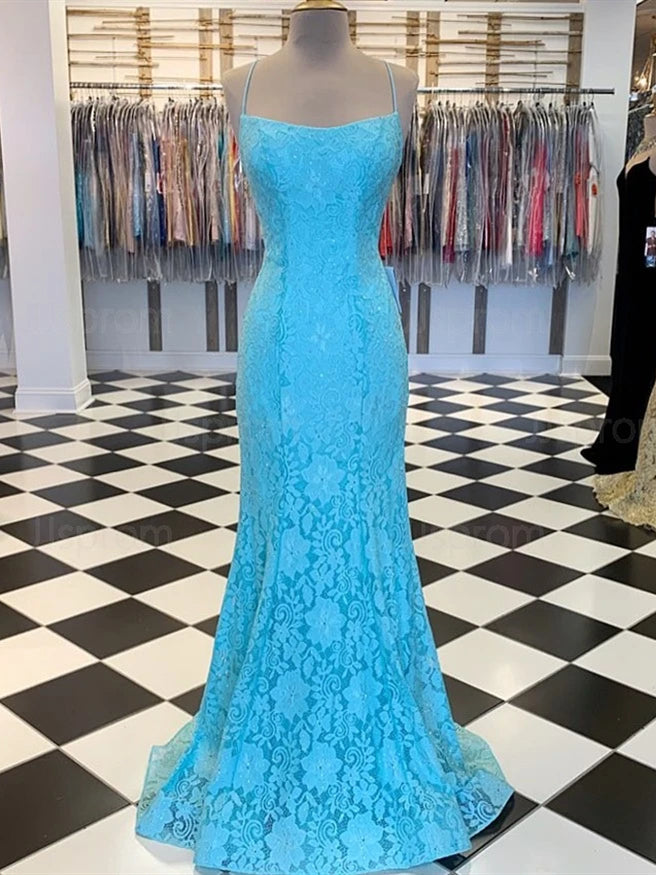 Spaghetti Long Mermaid Blue Lace Prom Dresses, Lace Up Prom Dresses, 2020 Prom Dresses