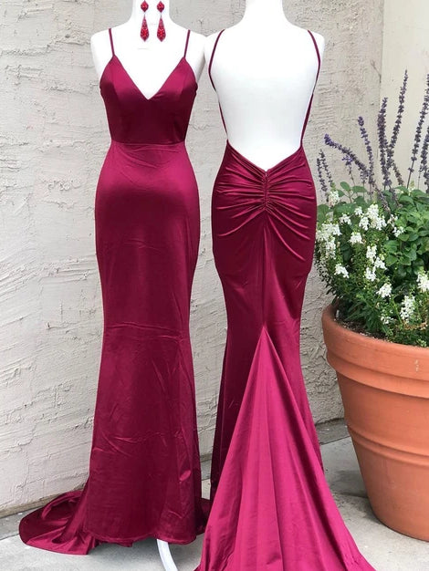 Spaghetti Long Mermaid Plum Prom Dresses, Simple Long Prom Dresses, 2020 Prom Dresses
