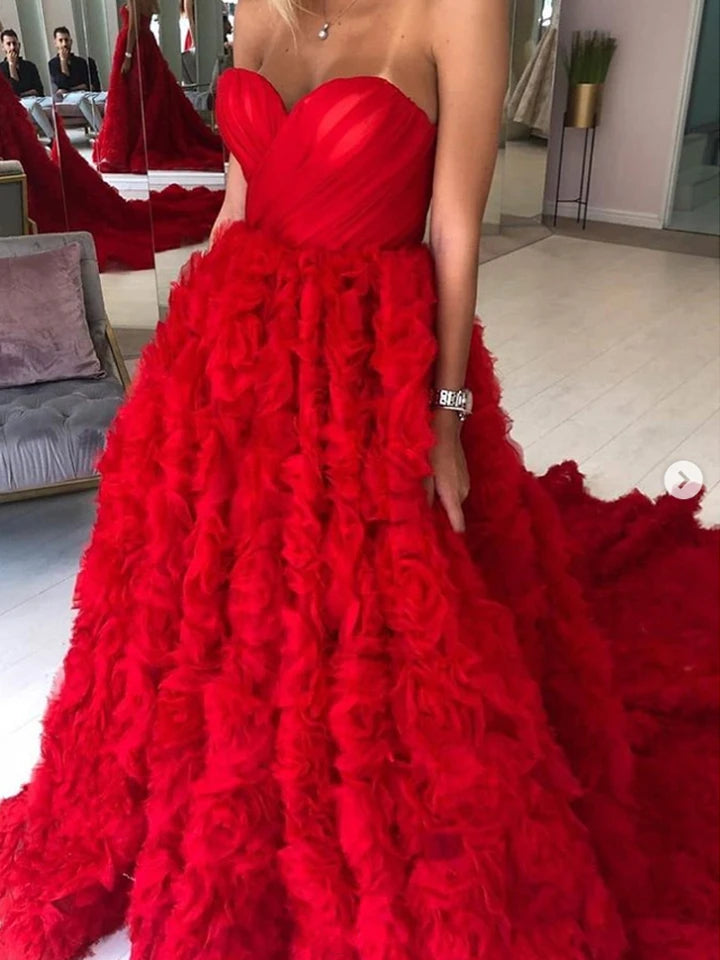 Sweetheart 3D Roses Red Wedding Dresses, Chic Long Bridal Gown, 2020 Prom Dresses, A-line Wedding Dresses
