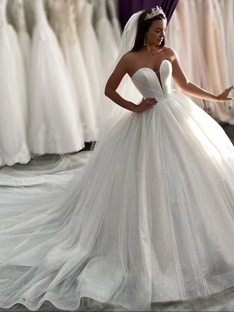 Sweetheart Long A-line Ivory Tulle Wedding Dresses, Shemmering Bridal Gown, Ball Gown Wedding Dresses