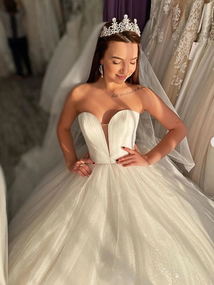 Sweetheart Long A-line Ivory Tulle Wedding Dresses, Shemmering Bridal Gown, Ball Gown Wedding Dresses