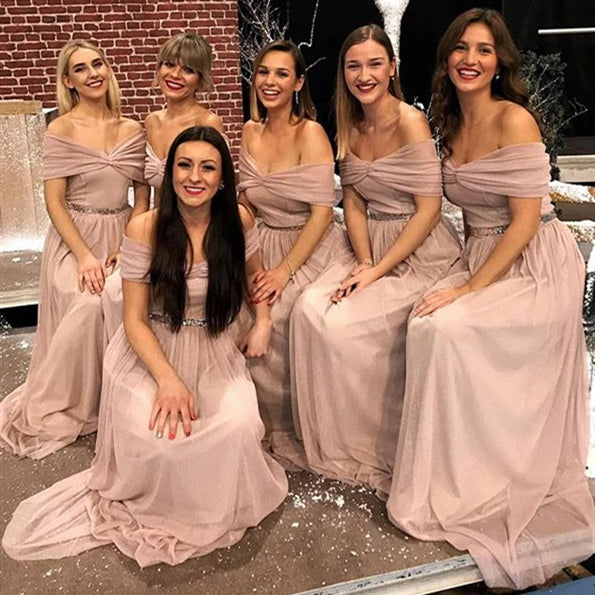 Off Shoulder Nude Chiffon Bridesmaid Dresses, Long Bridesmaid Dresses, Berryera Off Shoulder Nude Chiffon Bridesmaid Dresses, Long Bridesmaid Dresses, Berryera