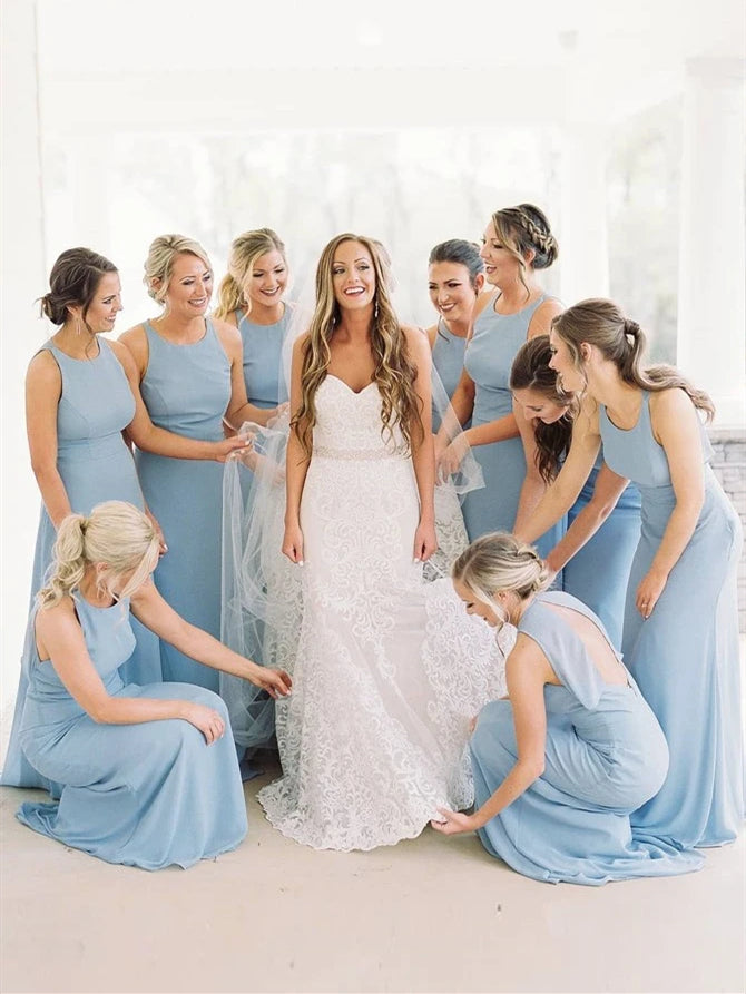 Blue Round Neck Long Mermaid Bridesmaid Dresses, Chiffon Bridesmaid Dresses, Long Bridesmaid Dresses
